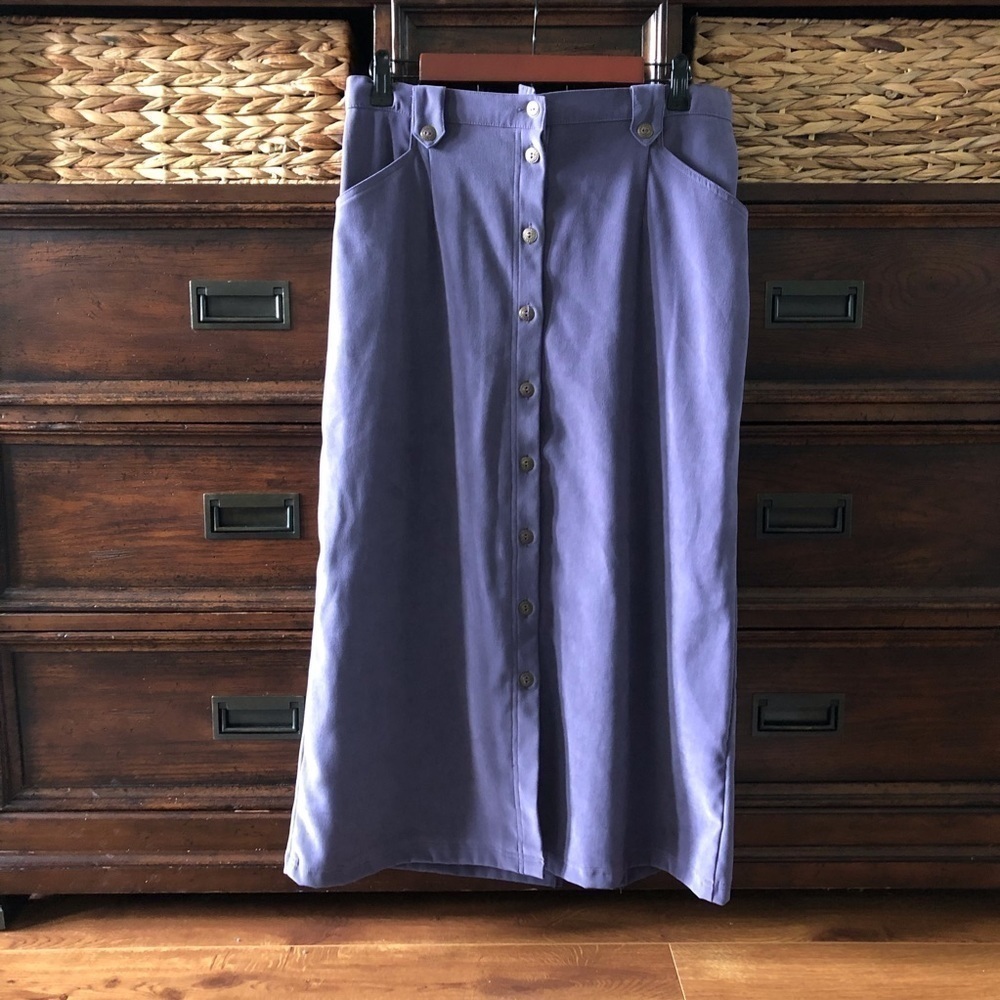 Vintage Alfred Dunner blue faux suede button front maxi skirt in size 12